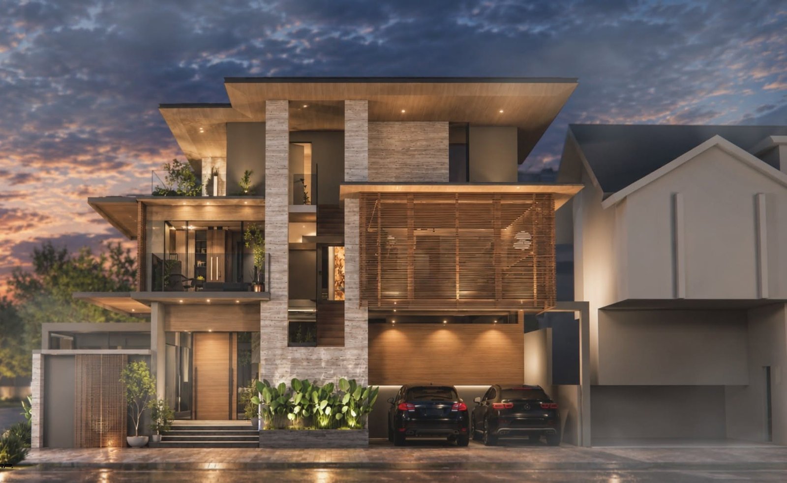 Concept render of a villa entry with timber and stone cladding