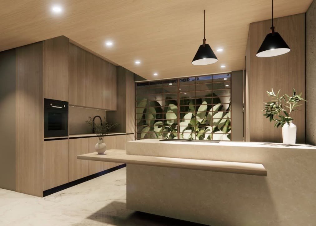 Concept render of a kitchen island with pendant lights