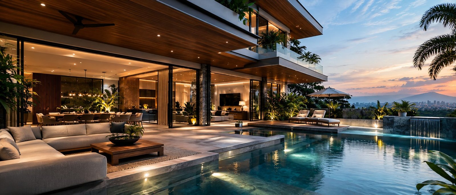 Open-plan living and dining area beside a pool at sunset, framed by a timber ceiling